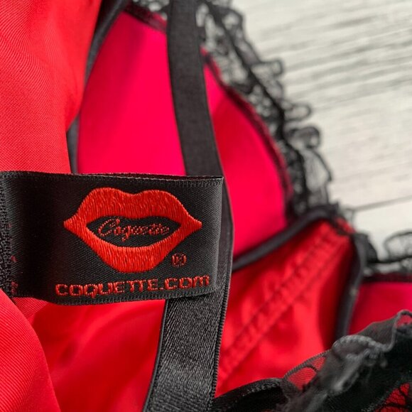 Coquette Corset Top Red Satin Black Lace Bustier Lingerie - Picture 4 of 8
